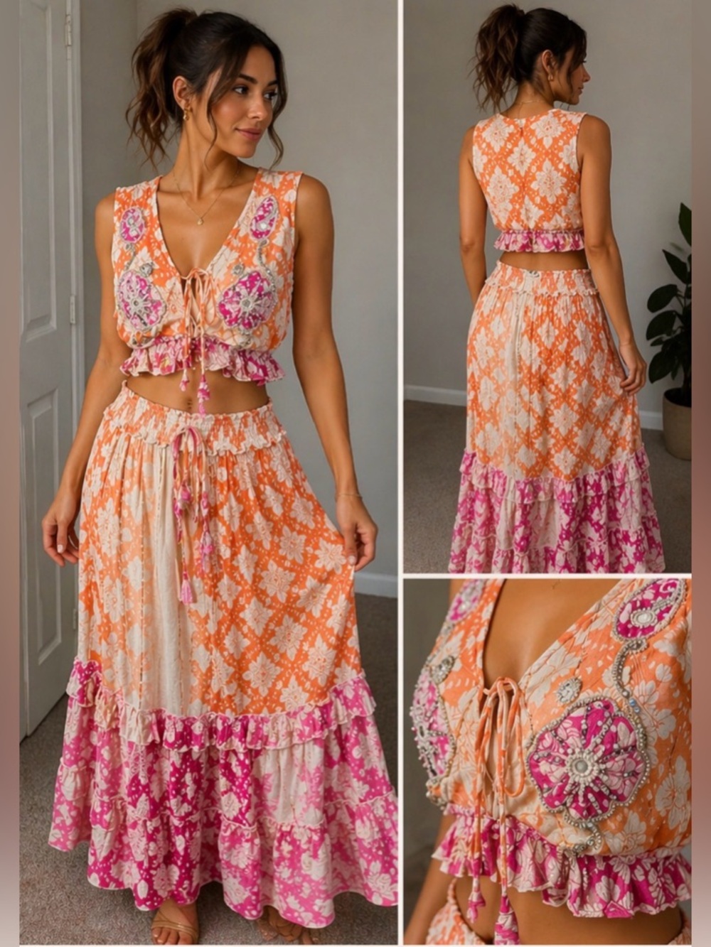 NWT 🌺 Zury Boho Two Piece Set Orange Embroidered Maxi Skirt + Crop Top Free Size
